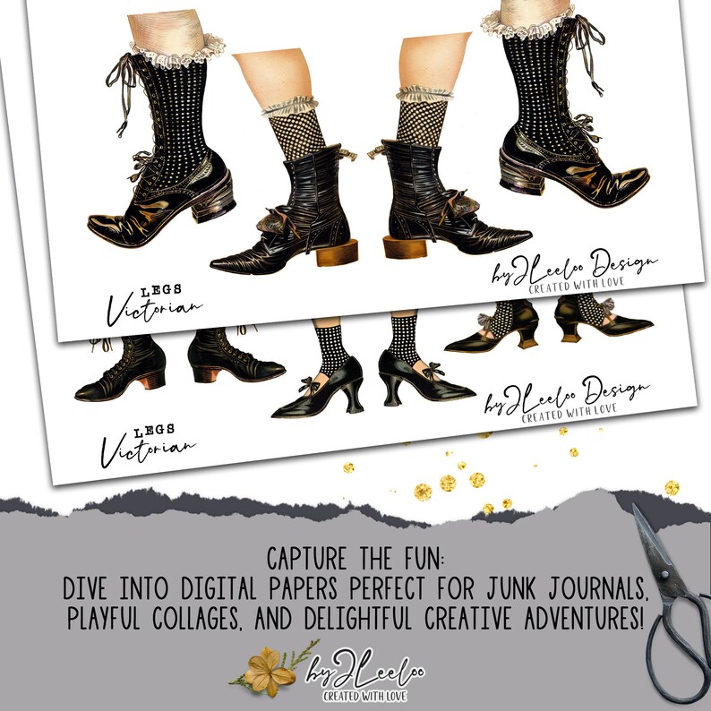 May include: Digital paper pack featuring illustrations of Victorian-style legs and shoes in black and white. The text "LEGS Victorian" is included in the image.