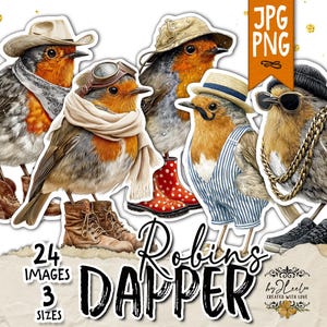 Può includere: Illustrazione digitale di sei pettirossi vestiti con vari abiti, tra cui un cappello da cowboy, occhiali da aviatore e una tuta. L'immagine include il testo "Robins Dapper", "24 Images" e "3 Sizes."