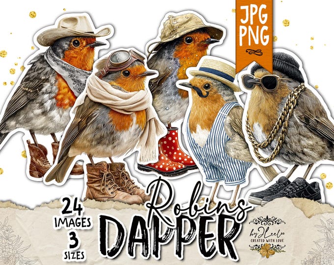DAPPER ROBINS – Vintage Dressed Robin PNG & Journal Ephemera | whimsical birds for junk journal scrapbooking | cl208