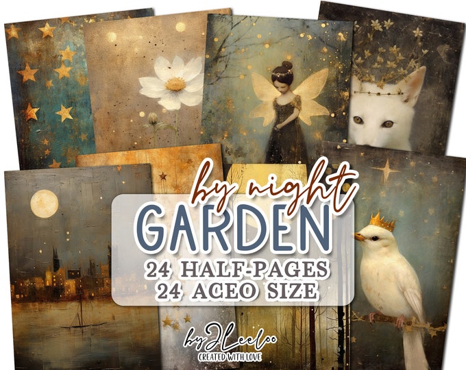 GARDEN by NIGHT half pages print for junk journal Mixed Media | Hand-drawn painting supplies card making collage diary stationery | pp686