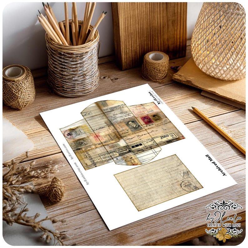 May include: A printed paper craft project featuring an aged, vintage mail design. The design includes stamps, handwriting, and a postal mark. The words "Archived Mail" are visible. Other items on the wooden surface include pencils, twine, and a decorative light.