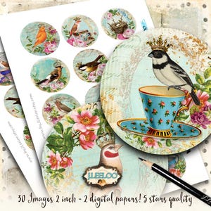 May include: A set of 30 digital paper images featuring a whimsical teacup with a bird perched on the rim, surrounded by flowers and birds. The images are 2 inches in diameter and are perfect for crafting projects.