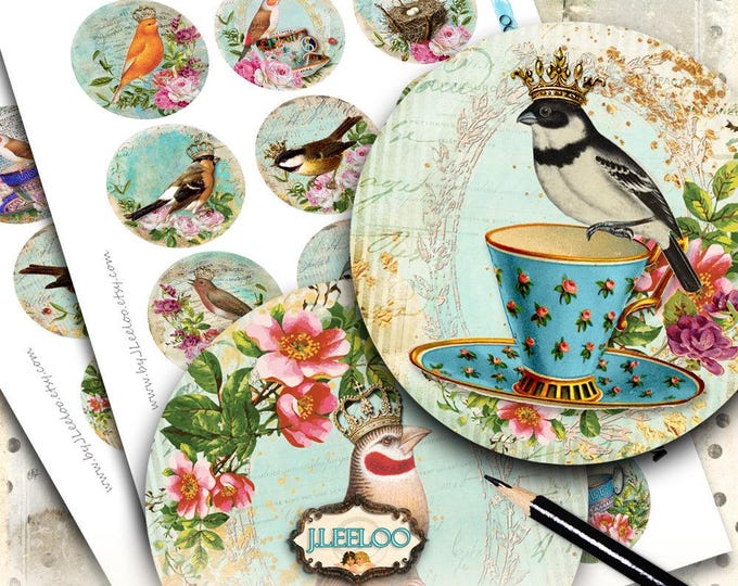 VICTORIAN 2 inch circle sheets printable birds digital images cup tea paper goods vintage magnets pendant craft instant download tn555
