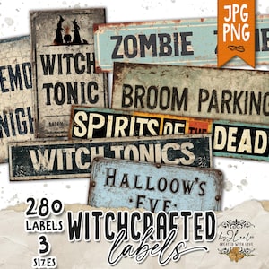 May include: A collection of vintage-style Halloween-themed labels with distressed textures. The labels feature phrases like "Zombie," "Witch Tonic," and "Broom Parking." The image also includes text indicating 280 labels in 3 sizes, perfect for crafting projects.