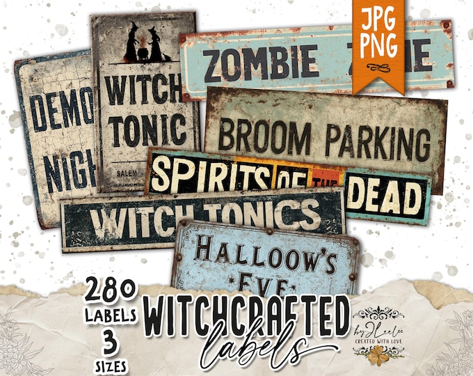 WITCHCRAFTED LABELS printable Scary Halloween | Word Labels Vintage Stickers Spooky Junk journal Gothic | scrapbooking art CU | tl344
