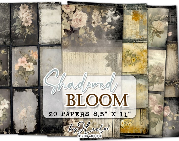SHADOWED BLOOM vintage shabby chic tattered papers | Romantic Junk Journal soft pages background | card making digital ephemera | pp643