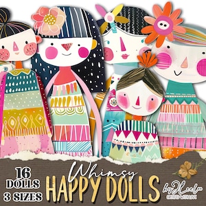 WHIMSY HAPPY DOLLS boneca de papel 3 tamanhos diário de lixo para impressão recortado | Suprimentos de diário de bonecas de papel Desenhado à mão | mini corte exigente | pp836