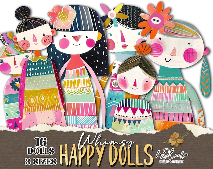 WHIMSY HAPPY DOLLS paper doll 3 sizes printable junk journal cut off | Paper Dolls journaling supplies Hand-drawn | mini fussy cut | pp836