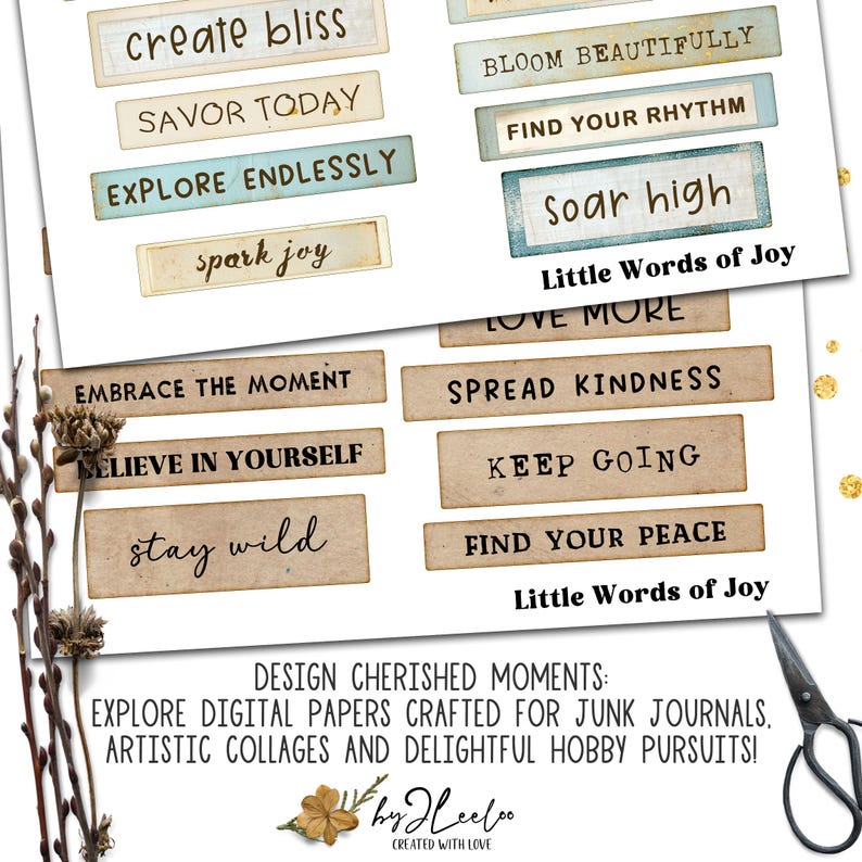 Puede incluir: Paquete de papel digital imprimible con citas inspiradoras para el diario de chatarra. Las citas incluyen "create bliss", "savor today", "explore endlessly", "spark joy", "bloom beautifully", "find your rhythm", "soar high", "love more", "spread kindness", "keep going", "embrace the moment", "believe in yourself", "stay wild", y "find your peace".