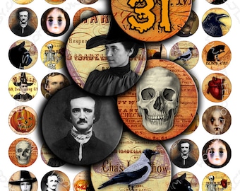 May include: A set of 24 round, 1 inch diameter, printable Halloween themed paper circles. The circles feature images of skulls, cats, ravens, pumpkins, skeletons, and vintage illustrations. The text "October 31" and "Black Cat" are also included.