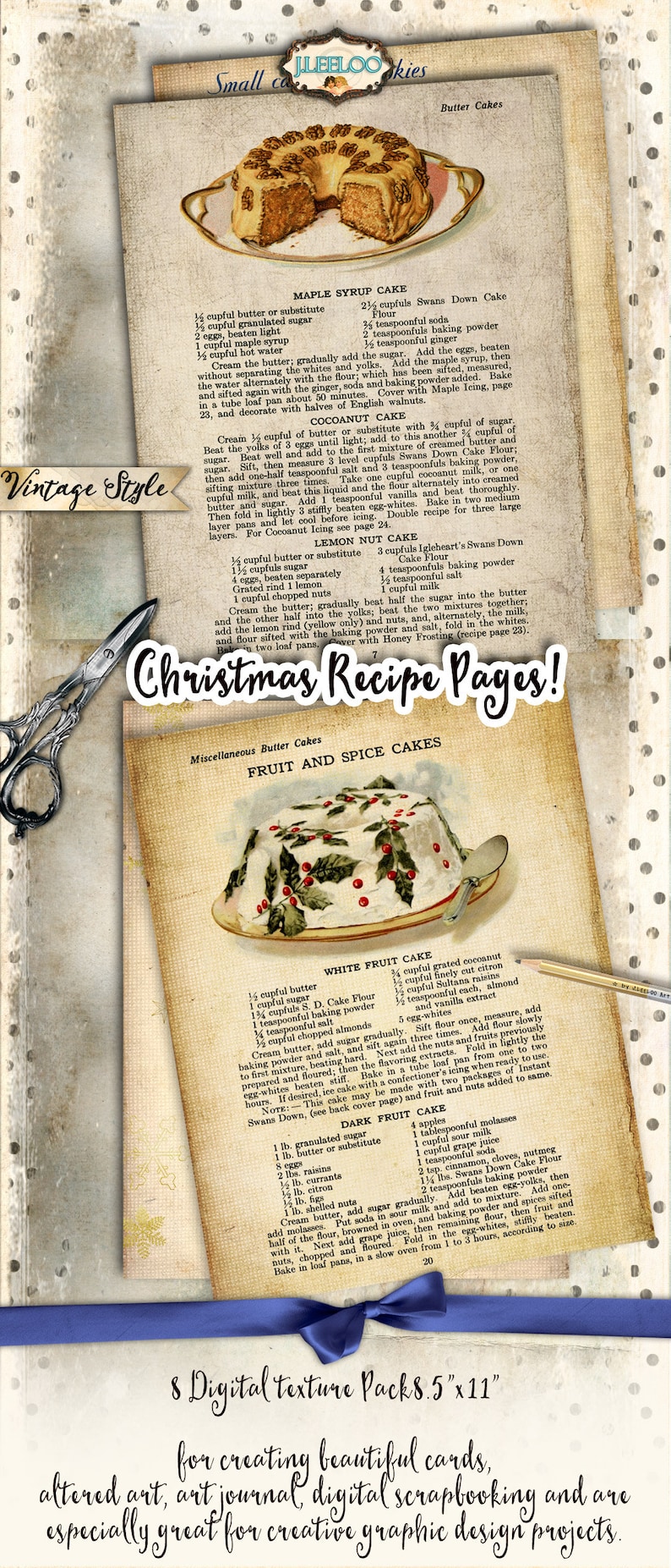CHRISTMAS RECIPE 8 large vintage holidays food digital collage sheets papers for scrapbook jpg art instant download printable pp433