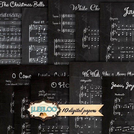 CHRISTMAS on BLACKBOARD Digital collage sheet large digital music paper craft art diary instant download printable pp261