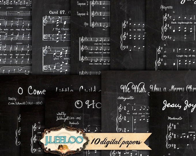 CHRISTMAS on BLACKBOARD Digital collage sheet large digital music paper craft art diary instant download printable pp261