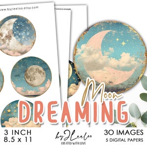 DREAMING MOON 3 polegadas imprimível caprichoso | Starry night supplies pinos redondos, espelho, cabochão de vidro, pingente, decoração DIY, diário | tn732