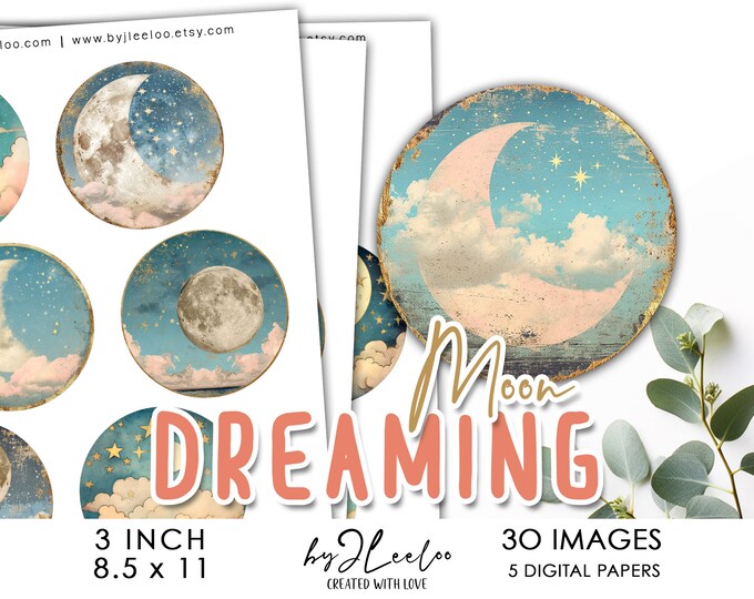DREAMING MOON 3 inch printable whimsical | Starry night supplies round pins, mirror, glass cabochon, charm, DiY decoration, journal | tn732