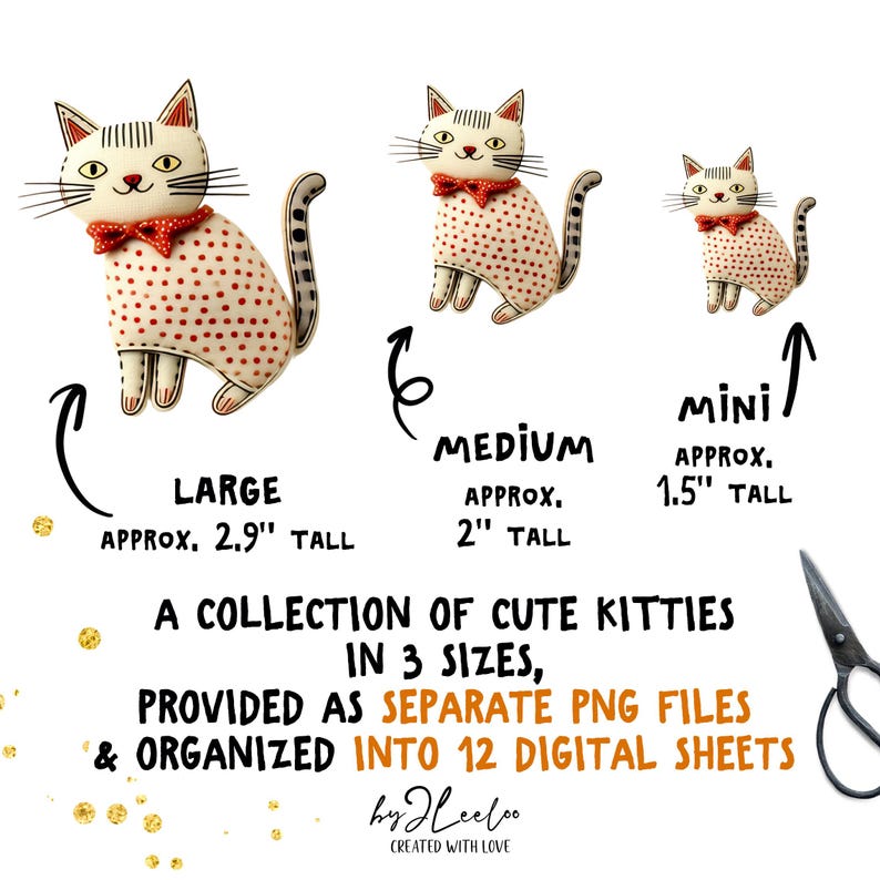 Op de afbeelding: Drie kattenillustraties in verschillende maten, elk met een witte body, rood stippenpatroon en een rode vlinderdas. De grootste is ca. 7,4 cm hoog, medium 5,1 cm en mini 3,8 cm. Tekst luidt: "A collection of cute kitties in 3 sizes."