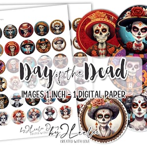 DAY of the DEAD 1 Zoll Zuckerschädel runde Anhänger | druckbare Halloween Blatt digitale Bilder | la Catrina Totenkopf Skelett | tn662