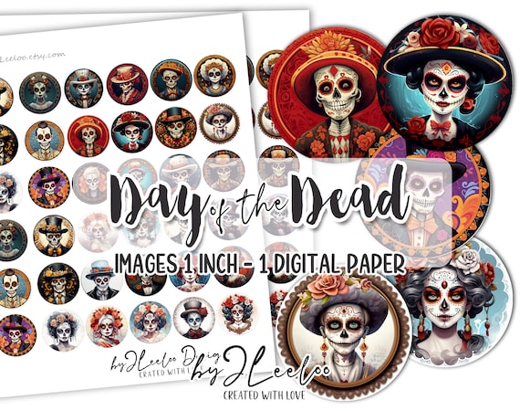 DAY of the DEAD 1 inch sugar skull round pendants | printable halloween sheet digital images | la Catrina skull skeleton  | tn662