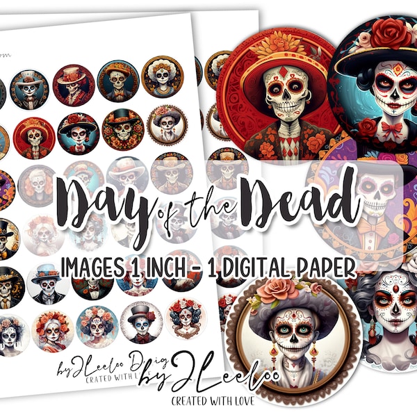 DAY of the DEAD 1 inch sugar skull round pendants | printable halloween sheet digital images | la Catrina skull skeleton  | tn662