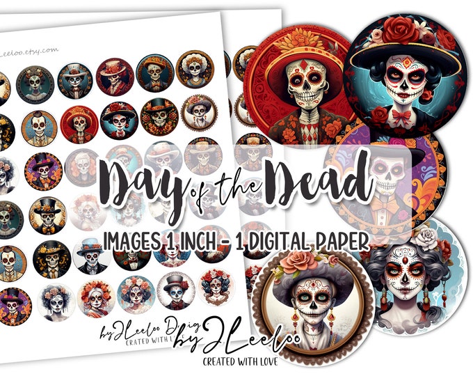 DAY of the DEAD 1 inch sugar skull round pendants | printable halloween sheet digital images | la Catrina skull skeleton  | tn662