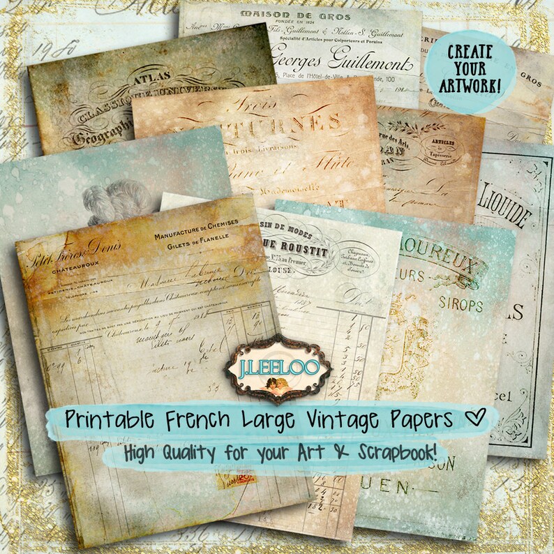 May include: A collection of vintage French papers with a distressed, aged look. The papers feature various text and designs, including "Atlas", "Create Your Artwork", "Manufacture de Chemises", and "Sin de Modes".