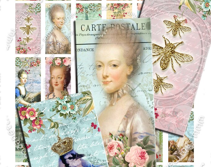 ANTOINETTE ET PARIS  printable 2x1 inch royal bee crown france victorian Digital collage instant download background paper do105