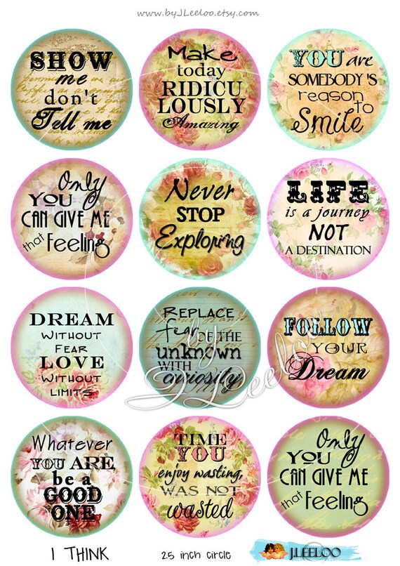 Digital Collage I THINK 1 Inch Circle Quote Romantic Roses Flower