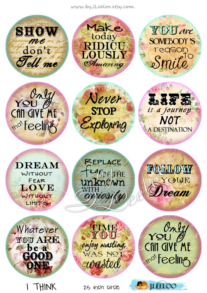 Digital collage I THINK 2.5 inch circle quote romantic roses | Etsy