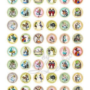 May include: A set of 36 Alice in Wonderland themed 1 inch round printable circle images. The images feature various characters from the book, including Alice, the Mad Hatter, the Queen of Hearts, and the Cheshire Cat. The images are in a vintage style and are perfect for crafting projects, scrapbooking, or party decorations.