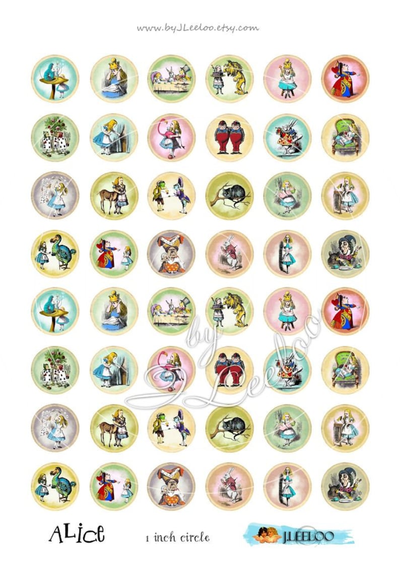 May include: A set of 36 Alice in Wonderland themed 1 inch round printable circle images. The images feature various characters from the book, including Alice, the Mad Hatter, the Queen of Hearts, and the Cheshire Cat. The images are in a vintage style and are perfect for crafting projects, scrapbooking, or party decorations.