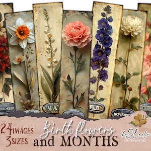 Marcapáginas con flores y meses de nacimiento, botánico, regalo romántico floral de cumpleaños, etiqueta para álbum de recortes, efímera, diario basura, collage digital, pp792