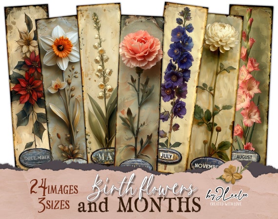 BIRTH FLOWERS and MONTHS bookmarks botanical | Birthday floral romantic gift | Scrapbook tag ephemera junk journal | digital collage | pp792