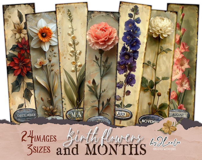BIRTH FLOWERS and MONTHS bookmarks botanical | Birthday floral romantic gift | Scrapbook tag ephemera junk journal | digital collage | pp792