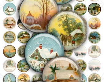 Digital printable WINTER LANDSCAPE 1 inch circle sheets christmas holidays digital images pendant magnet instant download tn243