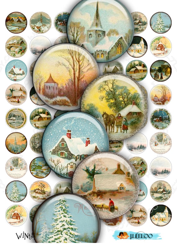 Digital printable WINTER LANDSCAPE 1 inch circle sheets christmas holidays digital images pendant magnet instant download tn243
