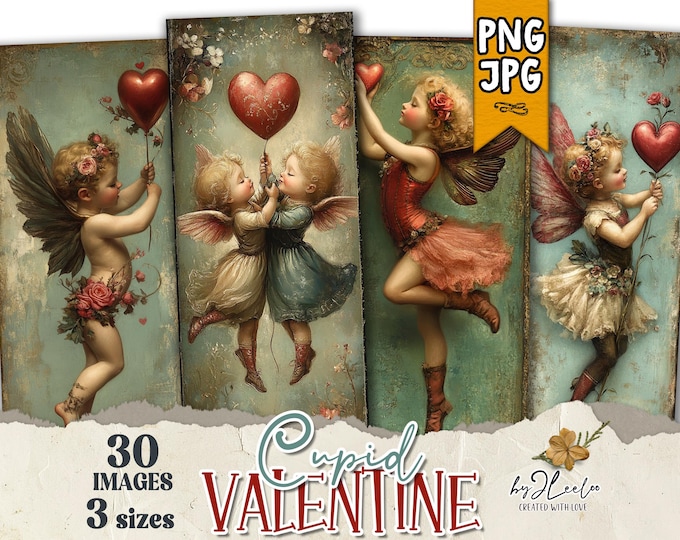 CUPID VALENTINE bookmarks 3 sizes | Romantic lover illustration wrapper decor book gift | Label tag printable Junk Journal Digital | bm122