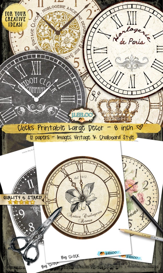 BIG CLOCK 8 inch circle home decor | jpeg clipart vintage chalkboard paper | crafting instant download digital collage printable tn498