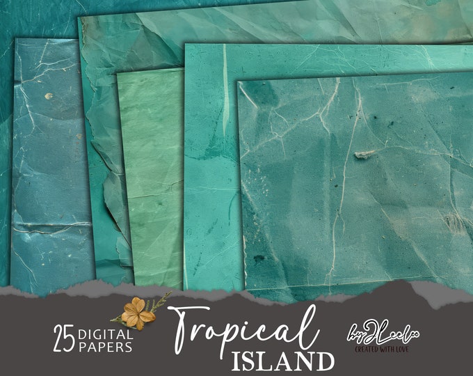 TROPICAL ISLAND pages vintage backdrops | blue digital old and wrinkled paper images | backgrounds distressed antique green texture | pp759