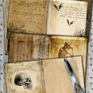 May include: A collage of vintage-style papers with illustrations of bats, a skull, and a skeleton. The papers have aged textures and handwritten text. A pair of ornate scissors and a small ink bottle are also present. Text reads "Have fun with them: let your imagination run free!"