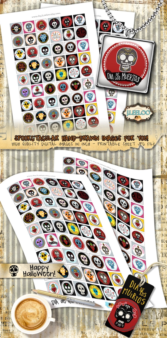DIA De LOS MUERTOS 1X1 inch scary halloween pendants magnet bezel trays bottle caps cabochon printable digital collage sheet QU467