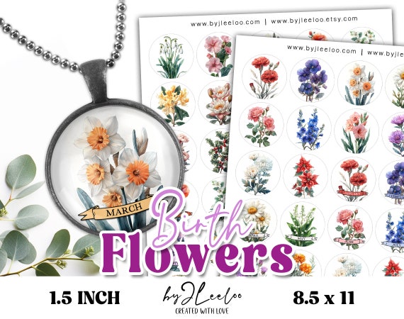 BIRTH FLOWERS 1.5 inch printable pendant | Circle Birth Month Flower round cabochon necklace sticker | Fussy cut digital download | tn810