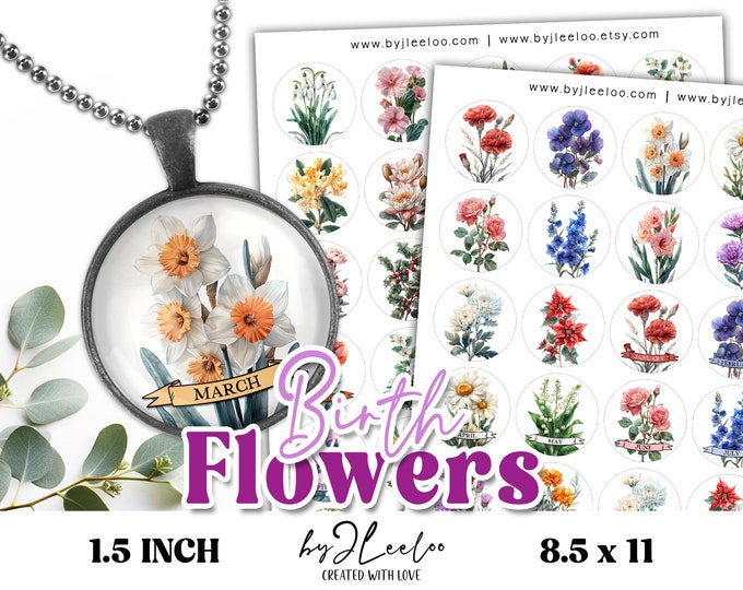 BIRTH FLOWERS 1.5 inch printable pendant | Circle Birth Month Flower round cabochon necklace sticker | Fussy cut digital download | tn810