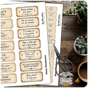 May include: Two sheets of rectangular paper labels with vintage-style beige backgrounds and black text featuring various sassy phrases like Fancy seeing you here, Not my circus, not my monkeys, and Stay weird. It suits you, with decorative borders.