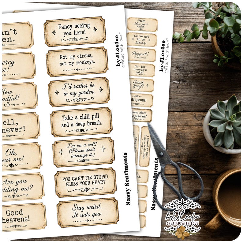 May include: Two sheets of rectangular paper labels with vintage-style beige backgrounds and black text featuring various sassy phrases like Fancy seeing you here, Not my circus, not my monkeys, and Stay weird. It suits you, with decorative borders.
