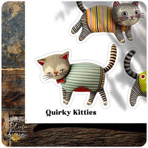 Op de afbeelding: Excentrieke kattenstickers met gestreepte en patroonontwerpen. E&eacute;n kat draagt een blauw-wit gestreept shirt en een rode vlinderdas. De tekst "Quirky Kitties" staat eronder.