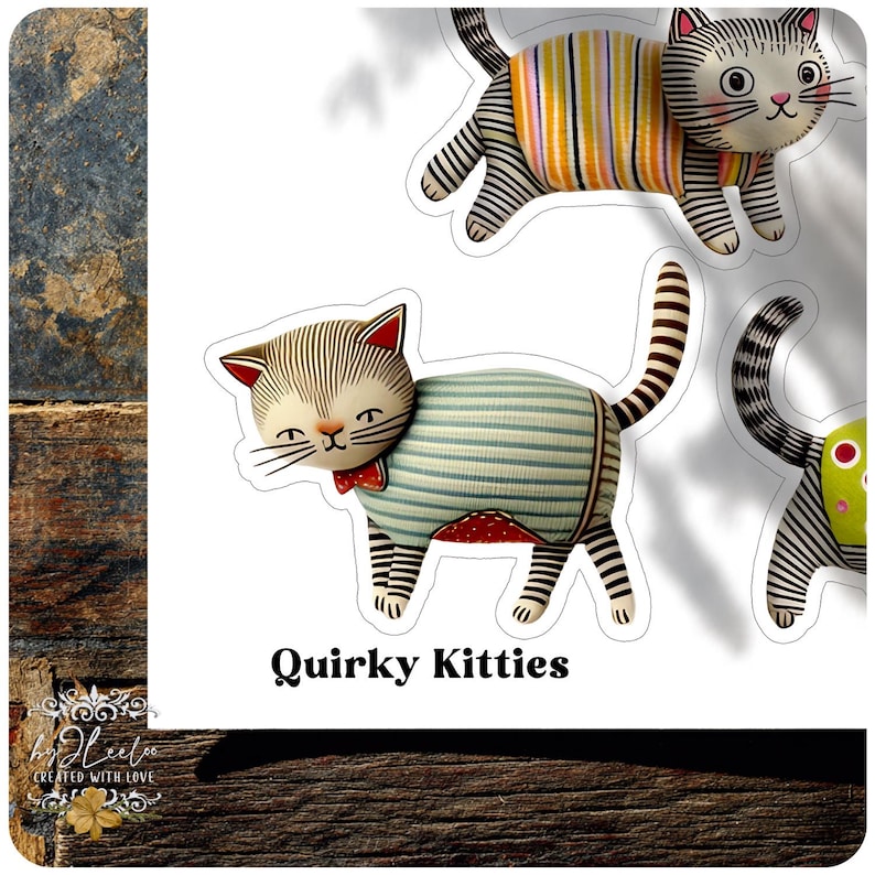 Op de afbeelding: Excentrieke kattenstickers met gestreepte en patroonontwerpen. E&eacute;n kat draagt een blauw-wit gestreept shirt en een rode vlinderdas. De tekst "Quirky Kitties" staat eronder.