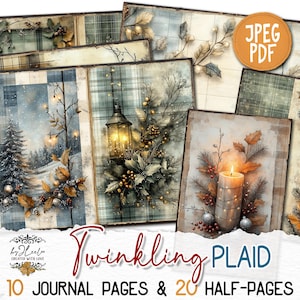 TWINKLING PLAID Junk Journal kerstpagina's afdrukbaar | Winterhuisje in bevroren bos | vintage plakboekpakket december Paper Craft | pp885
