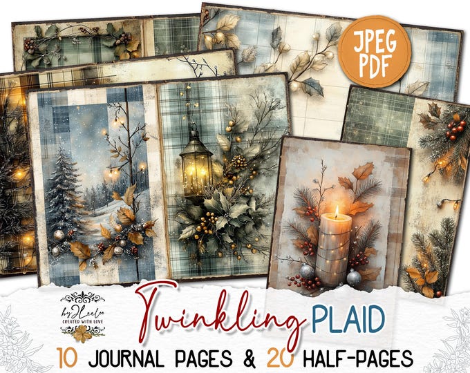 TWINKLING PLAID Junk Journal Christmas Pages printable | Frozen forest Winter Cottage | vintage Kit scrapbook December Paper Craft  | pp885
