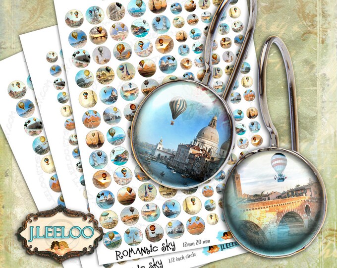 Digital collage sheet ROMANTIC SKY 12 16 20 mm circle sheets earring ring size montgolfier digital images jewelry instant download tn428