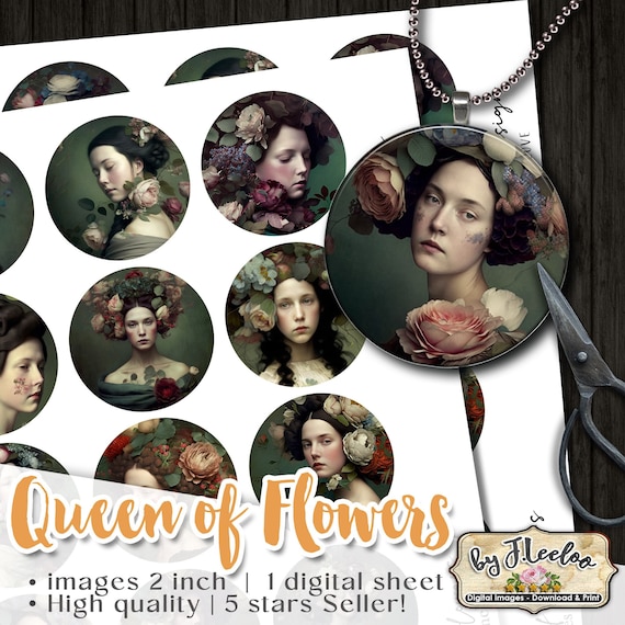 QUEEN of FLOWERS printable round pendants | romantic french portrait | sheet digital images | chic flower vintage | instant download tn640